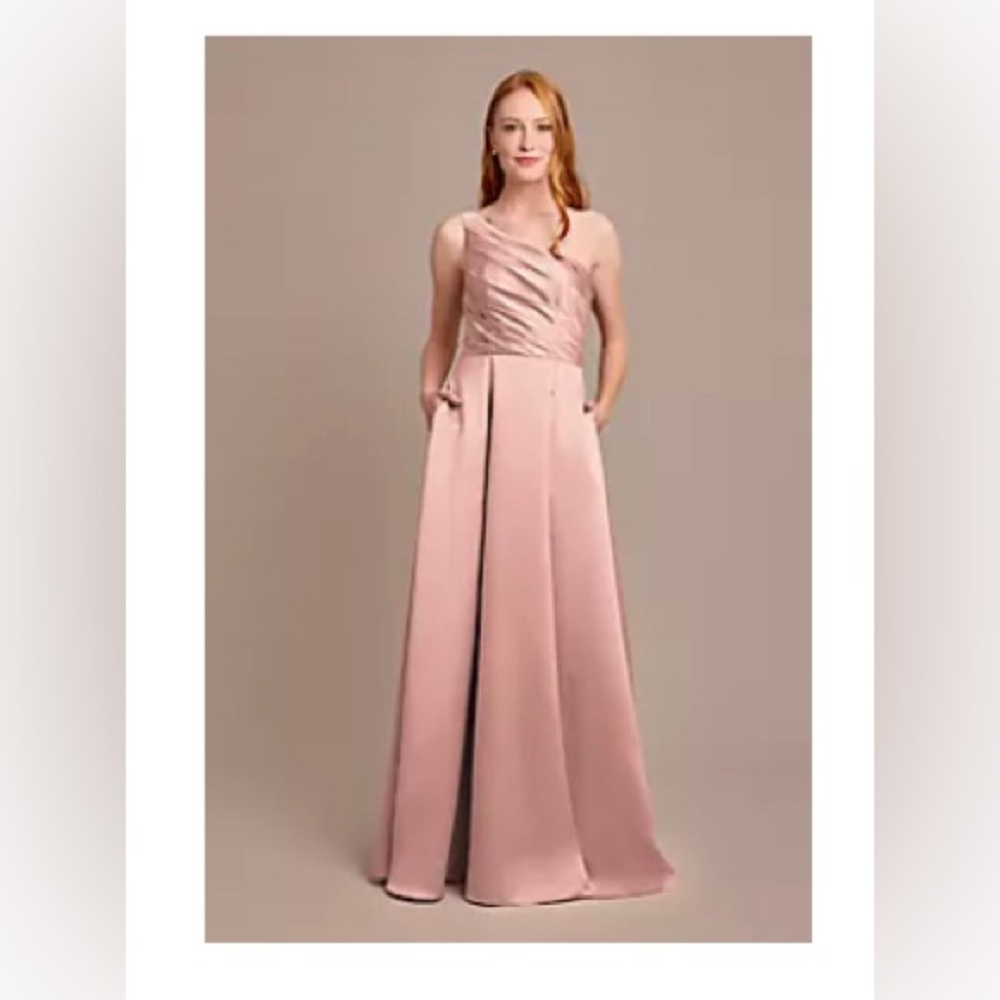 Blush Satin One Shoulder A-Line Pleated Dress